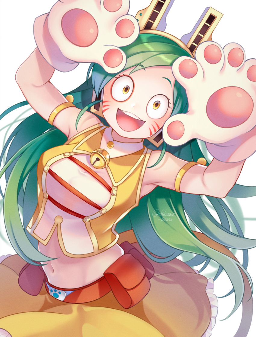 1girl animal_hands armlet armpits bell belt_pouch birthday boku_no_hero_academia buttons chikuwa_savy commentary frills gloves green_hair highres jewelry long_hair looking_at_viewer navel open_mouth parted_bangs paw_gloves pouch ragdoll_(boku_no_hero_academia) shirt signature skirt sleeveless sleeveless_shirt small_pupils very_big_eyes very_long_hair white_background yellow_shirt yellow_skirt