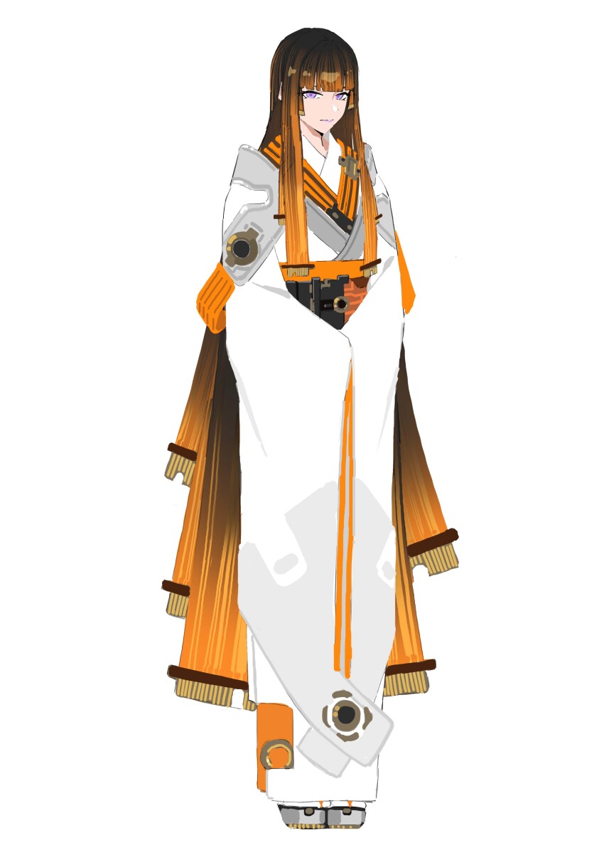 1girl absurdres black_hair electrical_connector gradient_hair highres hime_cut japanese_clothes kimono li-mi long_hair multicolored_hair orange_hair orange_sash original own_hands_together parted_bangs purple_eyes simple_background solo standing very_long_hair white_background white_kimono wide_sleeves