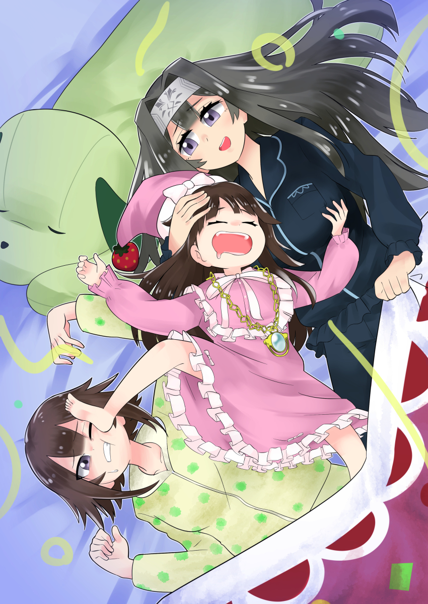 3girls absurdres alternate_costume barefoot black_shirt blanket brown_hair closed_eyes commission dreaming_nemleria duel_monster exosister_irene exosister_sophia green_shirt grey_hair hairband highres kicked multiple_girls on_bed open_mouth pajamas sawan_cutman shirt skeb_commission sleeping sleepover smile stuffed_toy yu-gi-oh!