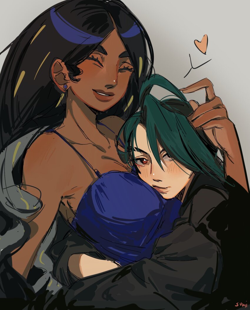 2girls ^_^ ahoge bare_shoulders black_hair black_shirt blonde_hair blue_camisole blush breasts brown_lips camisole closed_eyes collared_shirt creatures_(company) dark-skinned_female dark_skin earrings eyelashes game_freak geeta_(pokemon) green_hair hand_on_another&#039;s_head hand_up head_on_another&#039;s_chest head_on_chest heart highres hug jewelry large_breasts light-skinned_palms long_hair long_sleeves looking_at_viewer mei_(manjunii) multicolored_hair multiple_girls nintendo no_jacket parted_lips pokemon pokemon_sv red_eyes rika_(pokemon) shirt smile streaked_hair two-tone_hair upper_body yuri