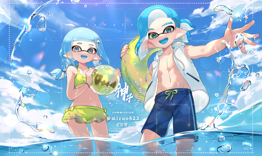 1boy 1girl artist_name asymmetrical_bangs ball bare_shoulders bikini bikini_skirt blue_eyes blue_hair blue_male_swimwear blue_sky blue_tongue blunt_bangs bracelet collarbone colored_tongue commentary commission commissioner_name drawstring food-themed_hair_ornament golden_egg_(splatoon) green_bikini hair_ornament highres holding holding_ball holding_swim_ring hood hood_down hoodie inflatable_toy inkling inkling_boy inkling_girl inkling_player_character innertube jewelry jinkoika male_swimwear medium_hair navel nintendo no_shirt onigiri_hair_ornament open_mouth outdoors outstretched_arm pointy_ears ponytail sidelocks sky sleeveless sleeveless_hoodie smile splatoon_(series) stomach swim_ring swimsuit symbol-only_commentary teeth tentacle_hair upper_teeth_only wading watermark white_hoodie