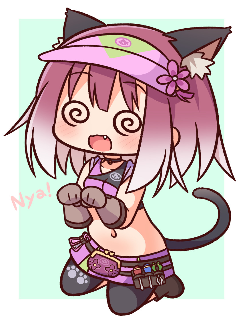 1girl :d @_@ animal_ear_fluff animal_ears bad_id bad_pixiv_id bare_shoulders black_leggings black_shirt blush boots breasts brown_boots brown_gloves cat_ears cat_girl cat_tail chibi crop_top facing_viewer fang flower full_body gloves gradient_hair green_background hair_between_eyes hana_kazari hands_up hat highres kneeling leggings multicolored_hair navel nyan open_mouth pink_hat pink_skirt pleated_skirt princess_connect! purple_flower purple_hair shirt skirt sleeveless sleeveless_shirt small_breasts smile solo tail tamaki_(mechanic)_(princess_connect!) tamaki_(princess_connect!) two-tone_background visor_cap white_background white_hair
