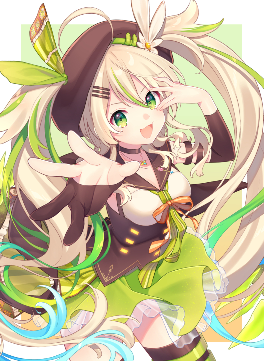 1girl :d beret breasts brown_background brown_choker brown_gloves brown_hat brown_sailor_collar brown_sleeves brown_thighhighs camomi_camomi choker collarbone detached_sleeves gloves gradient_background green_background green_eyes green_hair green_skirt hair_between_eyes hair_ornament hairclip hand_up hat highres kusumoto_shizuru light_brown_hair long_hair long_sleeves medium_breasts multicolored_hair nanashi_inc. open_mouth outstretched_arm partially_fingerless_gloves sailor_collar skirt smile solo streaked_hair thighhighs twintails two-tone_background v-shaped_eyebrows v_ap_art very_long_hair virtual_youtuber white_background