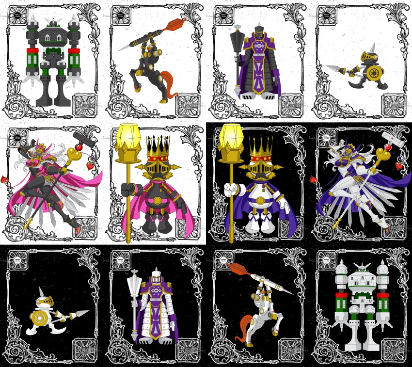 absurdres armor bishop_(chess) bishopchessmon_(black) bishopchessmon_(white) board_game cape centaur chess chess_piece crown digimon facial_hair highres king_(chess) kingchessmon knight_(chess) knightchessmon_(black) knightchessmon_(white) lance mustache pawn_(chess) pawnchessmon_(black) pawnchessmon_(white) polearm queen_(chess) queenchessmon rook_(chess) rookchessmon_(black) rookchessmon_(white) shield staff taur weapon