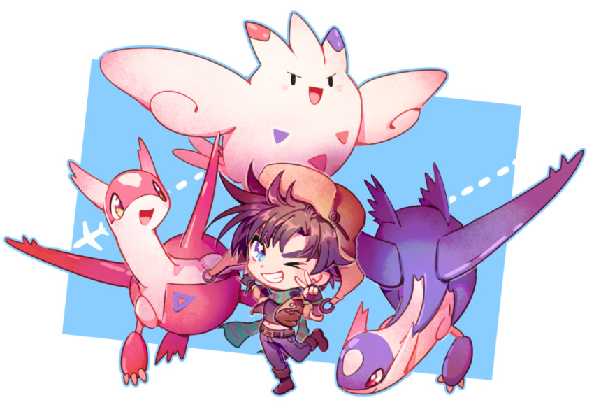 1boy battle_tendency blue_eyes bomber_hat boots brown_hair crossover denim fingerless_gloves gen_3_pokemon gen_4_pokemon gloves green_scarf grin huan_li jacket jeans jojo_no_kimyou_na_bouken joseph_joestar joseph_joestar_(young) latias latios legendary_pokemon nintendo one_eye_closed pants pokemon pokemon_(creature) scarf smile spiked_hair striped_clothes striped_scarf togekiss v