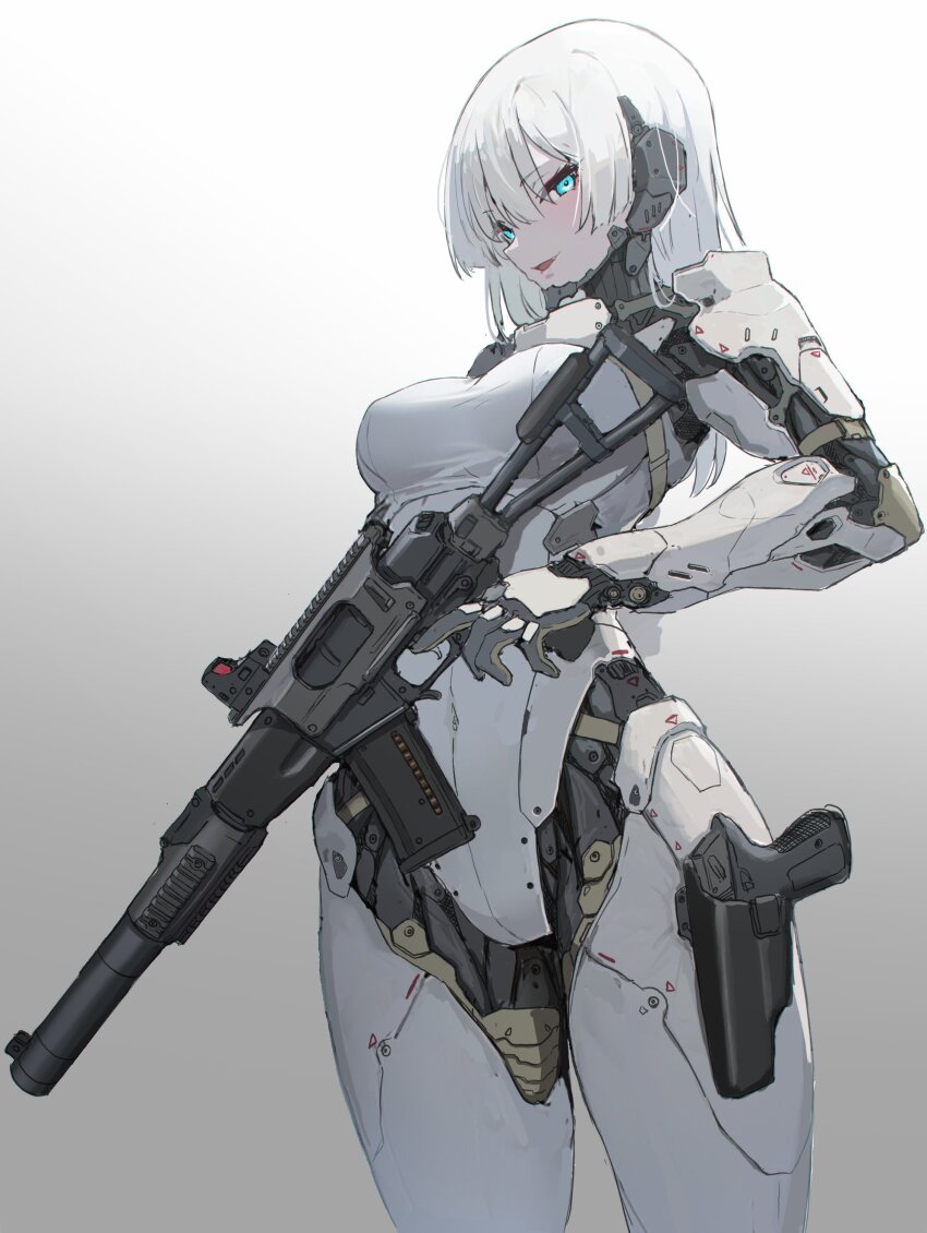 1girl absurdres acog as_val assault_rifle blue_eyes cyborg formal_clothes gun handgun highres holding holding_gun holding_weapon holster kalashnikov_rifle mecha_pilot_suit medium_hair oota_youjo original plugsuit_(evangelion) rifle solo suit thigh_holster trigger_discipline weapon white_background white_hair white_suit
