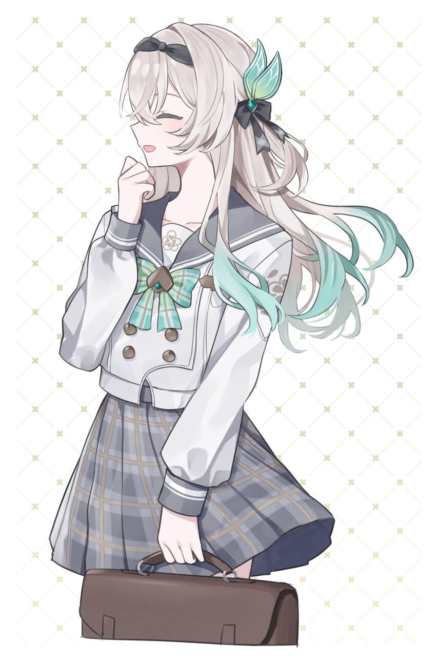 1girl absurdres bag black_hairband bow bowtie buttons closed_eyes commentary cowboy_shot cropped_legs double-breasted facing_to_the_side firefly_(honkai:_star_rail) firefly_(spring_missive)_(honkai:_star_rail) gradient_hair green_bow green_bowtie green_hair grey_hair grey_sailor_collar grey_skirt hairband highres holding holding_bag honkai:_star_rail honkai_(series) long_hair long_sleeves multicolored_hair official_alternate_costume open_mouth plaid_bow plaid_bowtie plaid_clothes plaid_skirt pleated_skirt sailor_collar school_bag shirt skirt solo two-tone_hair white_shirt younomiti