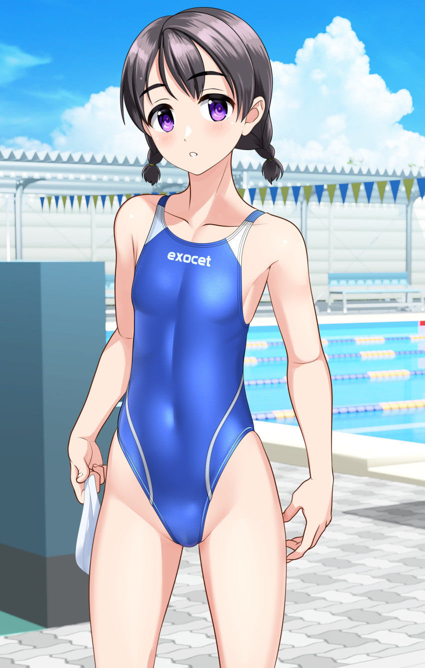 1girl absurdres black_hair blue_one-piece_swimsuit blue_sky braid breasts clothes_writing cloud commentary_request competition_swimsuit day feet_out_of_frame highleg highleg_one-piece_swimsuit highres lane_line looking_at_viewer low_twintails medium_hair multicolored_swimsuit one-piece_swimsuit original outdoors pool purple_eyes sky small_breasts solo standing string_of_flags swimsuit takafumi twin_braids twintails two-tone_swimsuit unworn_swim_cap variant_set