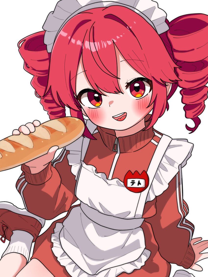 1girl alternate_costume apron baguette blush bread drill_hair food frilled_apron frills haru_maron highres holding holding_food jacket jersey_maid kasane_teto looking_at_viewer maid maid_apron maid_headdress name_tag open_mouth red_eyes red_hair red_jacket red_shoes shoes sitting smile socks solo track_jacket twin_drills unconventional_maid utau white_apron white_socks