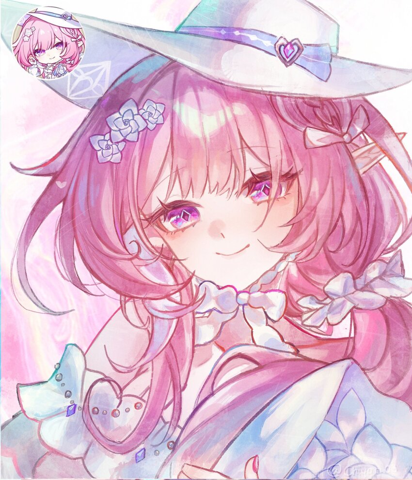 1girl chiyori08 commentary cyrene_(honkai:_star_rail) cyrene_(keeping_promise)_(honkai:_star_rail) cyrene_(ripples_of_past_reverie)_(honkai:_star_rail) diamond-shaped_pupils diamond_(shape) dress english_commentary hat highres honkai:_star_rail honkai_(series) long_hair looking_at_viewer meme official_alternate_costume pink_hair pointy_ears purple_eyes smile solo symbol-shaped_pupils upper_body very_long_hair white_dress white_hat