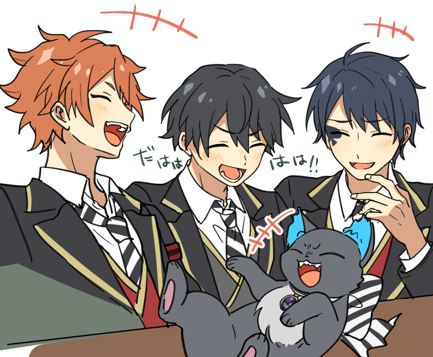 +++ 3boys :d ^_^ ace_trappola black_hair black_jacket black_necktie blush closed_eyes collared_shirt commentary_request deuce_spade diagonal-striped_clothes diagonal-striped_necktie facial_mark fang grey_vest grim_(twisted_wonderland) hair_between_eyes hand_up jacket lapels laughing lower_teeth_only lying male_focus mikawa_ayumu multiple_boys necktie night_raven_college_uniform on_back open_clothes open_jacket open_mouth orange_hair raised_eyebrows red_vest shirt short_hair simple_background smile spade_(shape) spade_facial_mark striped_clothes striped_necktie table teeth translation_request twisted_wonderland upper_body upper_teeth_only v-shaped_eyebrows vest white_background white_necktie white_shirt wing_collar yuu_(twisted_wonderland)