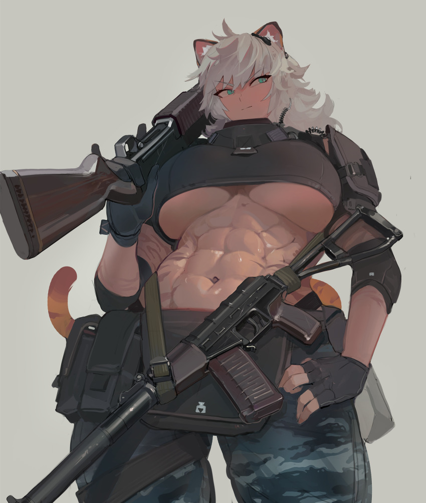 1girl abs absurdres ammunition_pouch animal_ear_fluff animal_ears armor as_val assault_rifle belt belt_pouch black_belt black_gloves black_shirt breasts camouflage camouflage_pants cat_ears cat_girl cat_tail closed_mouth commission contrapposto cowboy_shot cowlick crop_top dark-skinned_female dark_skin earpiece elbow_pads fingerless_gloves from_below gloves green_eyes grey_background grey_hair gun hair_between_eyes hand_on_own_hip highres holding holding_gun holding_weapon kalashnikov_rifle ks-23 large_breasts looking_to_the_side medium_hair muscular muscular_female navel original over_shoulder pants pauldrons pixiv_commission polilla pouch rifle shirt short_sleeves shotgun shoulder_armor simple_background solo split_mouth standing stomach tail underboob v-shaped_eyebrows weapon weapon_over_shoulder