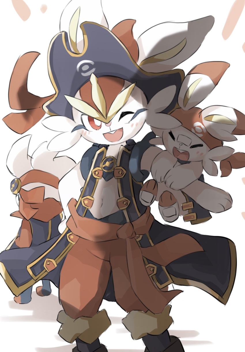 ;d bandana blush bright_pupils cinderace cinderace_(captain) clothed_pokemon coat commentary_request evolutionary_line fang gen_8_pokemon grey_coat grey_headwear hat highres navel nintendo one_eye_closed open_clothes open_coat open_mouth outstretched_arm poke_ball_print pokemon pokemon_(creature) pokemon_on_arm pokemon_unite raboot red_eyes scorbunny smile standing tongue tsukiya_(rajx3523) white_pupils