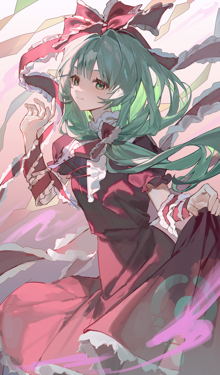 1girl absurdres bow dress ender_xiaohai frilled_dress frills front_ponytail green_eyes green_hair highres kagiyama_hina looking_at_viewer red_bow red_dress red_ribbon ribbon smile solo touhou