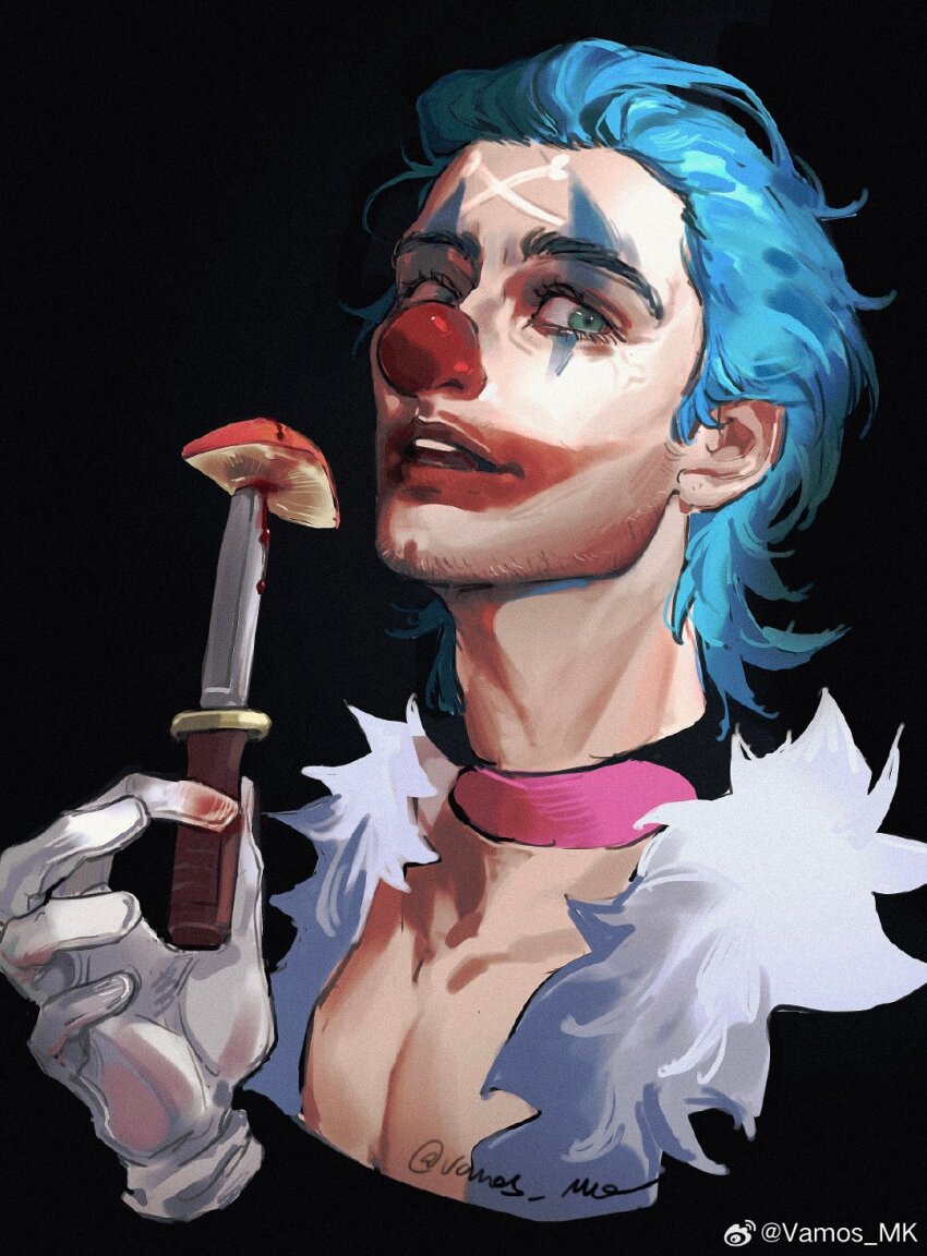 1boy apple apple_slice black_background blood bloody_weapon blue_hair buggy_the_clown clown_nose commentary dagger facepaint food fruit gloves green_eyes highres holding holding_dagger holding_knife holding_weapon knife looking_at_viewer male_focus one_piece open_mouth pectoral_cleavage pectorals realistic short_hair simple_background solo sparse_stubble vamos_mk weapon white_gloves