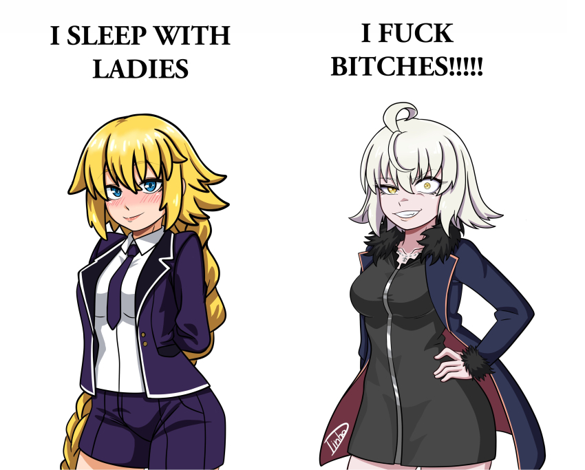2girls absurdres ahoge arms_behind_back black_dress blonde_hair blue_coat blue_eyes blue_necktie blue_shorts blush braid breasts coat commentary crazy_eyes crazy_grin crazy_smile dress english_commentary english_text fate/grand_order fate_(series) fur-trimmed_coat fur_trim grey_hair grin hand_up highres jeanne_d&#039;arc_(fate) jeanne_d&#039;arc_(girl_from_orleans)_(fate) jeanne_d&#039;arc_(ruler)_(fate) jeanne_d&#039;arc_alter_(avenger)_(fate) jeanne_d&#039;arc_alter_(fate) jeanne_d&#039;arc_alter_(ver._shinjuku_1999)_(fate) large_breasts long_hair medium_hair multiple_girls necktie romulproduce short_dress short_shorts shorts signature single_braid smile two-sided_coat two-sided_fabric very_long_hair yellow_eyes