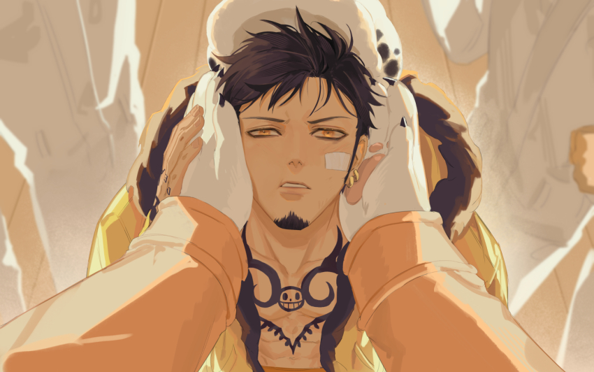 2boys bepo_(one_piece) chest_tattoo claws coat collarbone earrings facial_hair goatee hands_on_another&#039;s_face hood hood_down jewelry male_focus multiple_boys one_piece orange_eyes parted_lips pawpads pectoral_cleavage pectorals rami_rz short_hair tattoo toned toned_male trafalgar_law yellow_coat