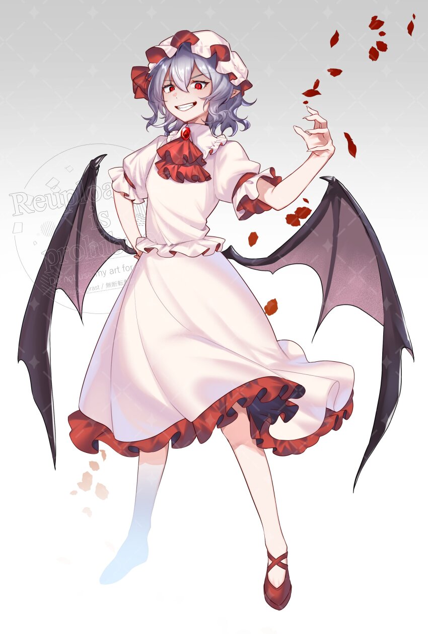 1girl absurdres ascot bat_wings blue_hair dress falling_petals frilled_dress frills hat hat_ribbon highres kodouirasto looking_at_viewer mob_cap petals pink_hat red_ascot red_eyes remilia_scarlet ribbon short_hair simple_background slit_pupils smile solo touhou white_background wings