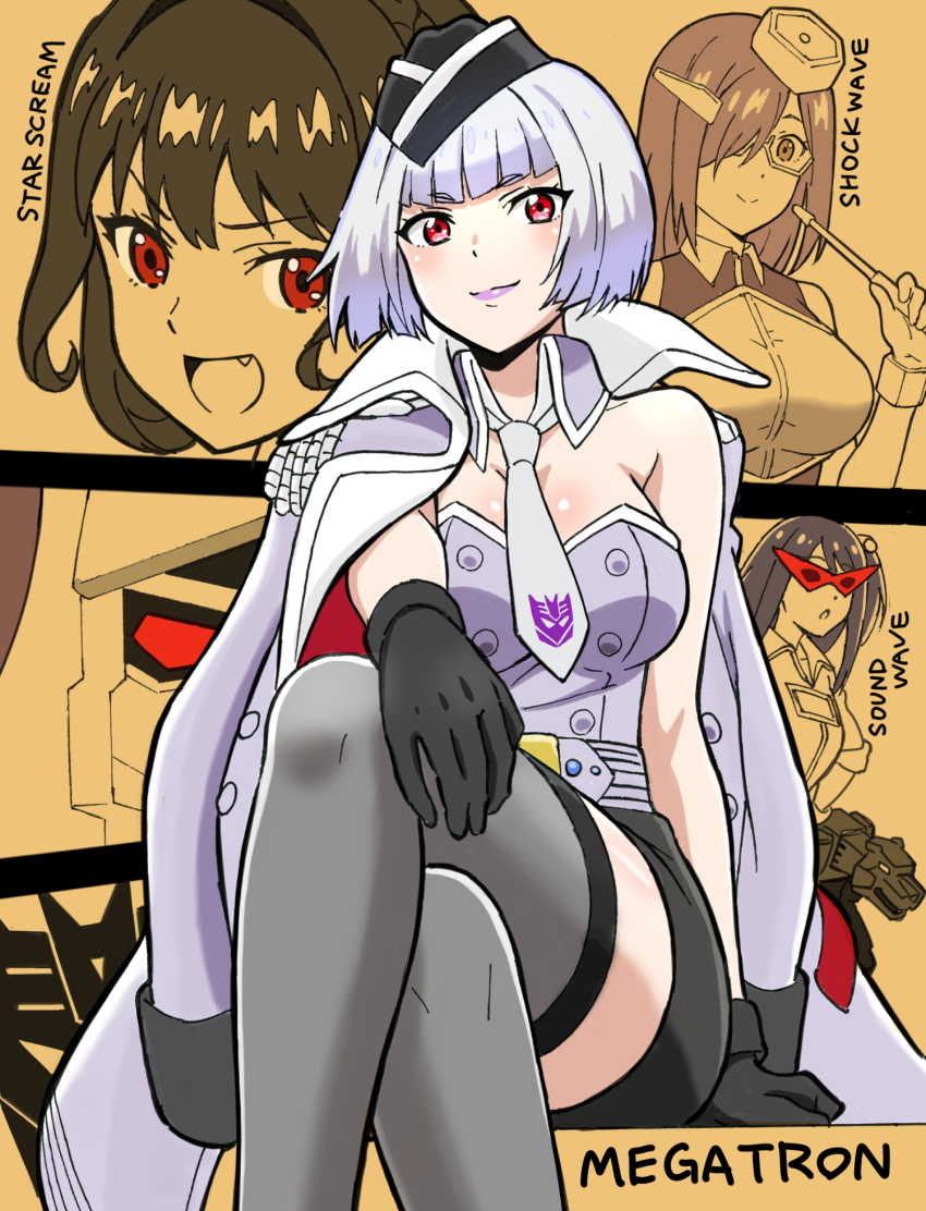 4girls black_gloves black_hair black_hat black_skirt black_thighhighs blue_hair breasts character_name cleavage decepticon detached_collar fang garrison_cap genderswap genderswap_(mtf) gloves grey_hair grey_necktie hair_intakes hair_over_one_eye hand_on_own_leg hat highres holding holding_pointer humanization jacket jacket_on_shoulders kamina_shades komagoma kotobukiya_bishoujo mecha medium_breasts megatron megatron_(kotobukiya_bishoujo) multiple_girls necktie non-humanoid_robot one_side_up open_mouth pointer purple_hair purple_jacket purple_lips purple_shirt ravage_(transformers) robot shirt shockwave_(transformers) short_hair sitting skirt sleeveless sleeveless_shirt smile soundwave_(transformers) starscream starscream_(kotobukiya_bishoujo) strapless strapless_shirt thighhighs transformers transformers:_generation_1