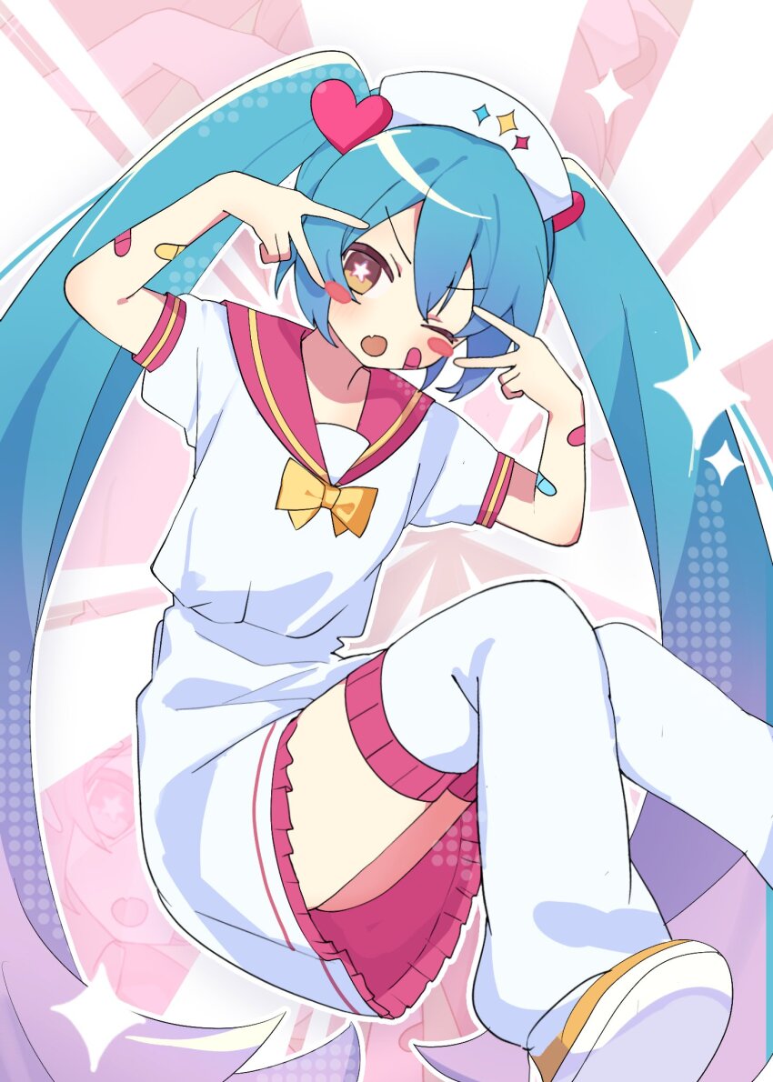 1girl aqua_hair bandaid bandaid_on_cheek bandaid_on_face blue_hair double_inward_v double_v gomau_(gomadareeee_) grey_shirt hair_between_eyes hat hatsune_miku highres inward_v long_hair looking_at_viewer m@gical_cure!_love_shot!_(vocaloid) meme miku_miku_beaaaam!!_(meme) number_tattoo nurse_cap open_mouth pink_sailor_collar sailor_collar shirt skirt solo tattoo twintails v v_over_eye very_long_hair vocaloid
