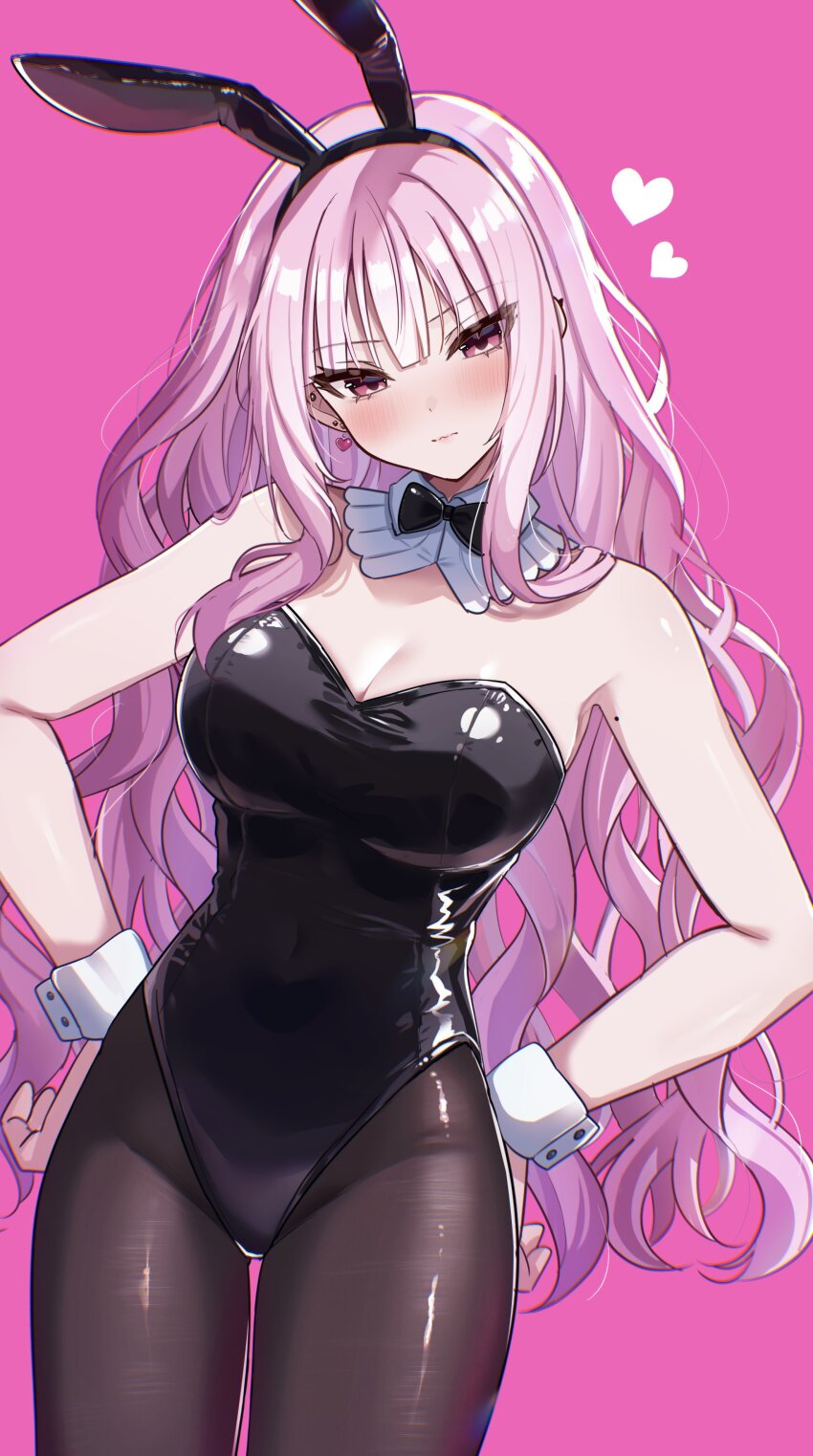 1girl absurdres animal_ear_hairband animal_ears black_bow black_bowtie black_pantyhose blush bow bowtie breasts closed_mouth detached_collar earrings fake_animal_ears hairband hands_on_own_hips heart heart_earrings highres jewelry large_breasts leotard light_blush long_hair looking_at_viewer mole mole_on_arm original pantyhose pink_background pink_eyes pink_hair playboy_bunny rabbit rabbit_ear_hairband rabbit_ears shinzousan simple_background solo standing strapless strapless_leotard very_long_hair white_wrist_cuffs wrist_cuffs