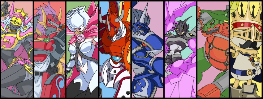 cape covered_eyes digimon digimon_(creature) digimon_savers flower highres jumbogamemon kingchessmon mask miragegaogamon miragegaogamon_burst_mode petals queenchessmon ravmon ravmon_burst_mode rosemon rosemon_burst_mode shinegreymon shinegreymon_burst_mode sleipmon