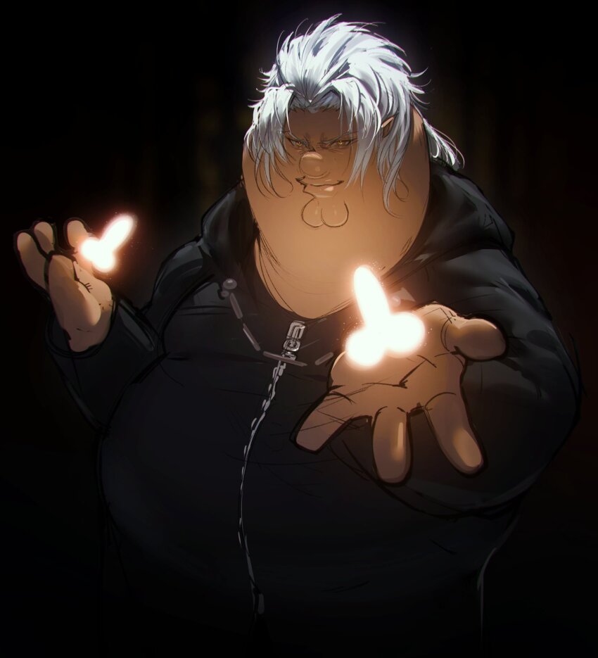 1boy black_background black_coat black_coat_(kingdom_hearts) cleft_chin closed_mouth coat commentary cosplay english_commentary family_guy fat fat_man highres kingdom_hearts kingdom_hearts_ii kowai_(iamkowai) looking_at_viewer male_focus peter_griffin phallic_symbol smirk solo white_hair xemnas xemnas_(cosplay) yellow_eyes