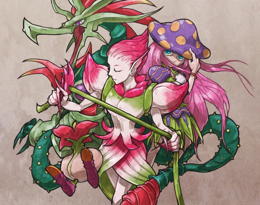 1girl blue_eyes breath_of_fire breath_of_fire_ii closed_mouth hat long_hair looking_at_viewer multiple_persona mushroom_girl odo_7ta pink_hair pointy_ears short_hair simple_background solo spar whip