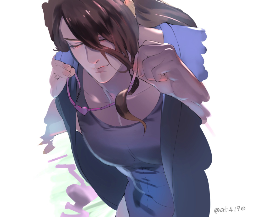 1boy artist_name bare_shoulders black_jacket brown_hair closed_eyes closed_mouth highres jacket jojo_no_kimyou_na_bouken leotard purple_leotard simple_background sketch smile solo stardust_crusaders unfinished vanilla_ice white_background zouhyou_(at4190)
