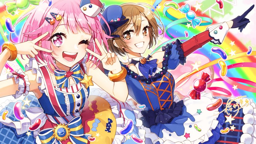 2girls absurdres arm_garter ascot back_bow blue_ascot blue_bow blue_bowtie blue_gloves blush bow bowtie bracelet brown_eyes brown_hair bubble_skirt candy commentary_request confetti double_v dress food frilled_suspenders gloves hat highres jelly_bean jewelry looking_at_viewer meiko_(vocaloid) mini_hat multicolored_skirt multiple_girls ootori_emu open_mouth pink_eyes pink_hair pop_in_my_heart!!_(project_sekai) project_sekai rainbow sakuragi_ren skirt sleeveless sleeveless_dress sparkle star_(symbol) star_ornament suspenders teeth v vocaloid white_bow wonderlands_x_showtime_(project_sekai) wonderlands_x_showtime_meiko