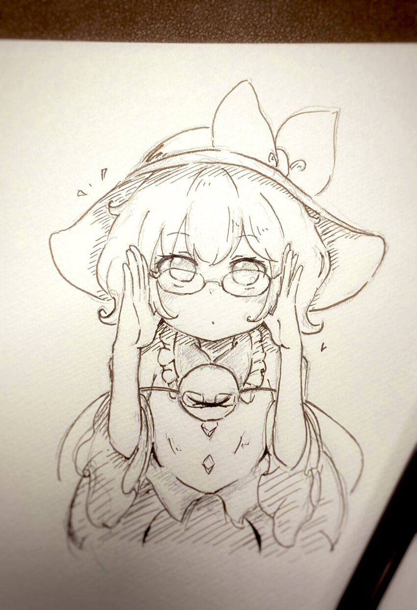 1girl art_tools_in_frame bespectacled blush bow buttons collared_shirt commentary_request diamond_button eyeball frilled_shirt_collar frilled_sleeves frills glasses greyscale hat hat_bow highres komeiji_koishi looking_at_viewer monochrome photo_(medium) shiro_tsugumi shirt skirt solo third_eye touhou traditional_media wide_sleeves