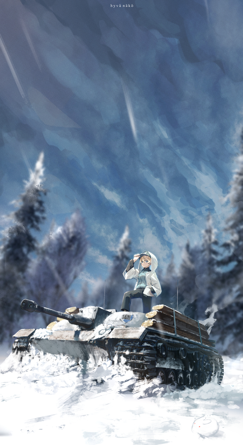 1girl absurdres baseball_cap black_pants blonde_hair blue_eyes blue_hat blue_jacket blue_sky blurry blurry_background caterpillar_tracks cloud commentary day emblem english_commentary finnish_text forest girls_und_panzer hair_between_eyes hand_in_pocket hand_on_headwear hat highres hood hooded_jacket jacket keizoku_(emblem) keizoku_military_uniform log long_sleeves looking_at_viewer meikyou_hisui military_vehicle motor_vehicle nature outdoors pants pine_tree radio_antenna short_hair sky snow snow_rabbit solo standing sturmgeschutz_iii tank track_jacket track_pants tree turretless_tank white_jacket youko_(girls_und_panzer)