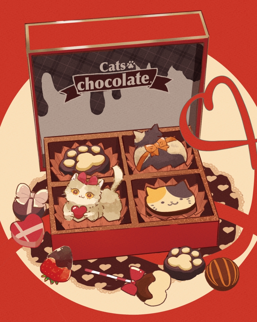 :3 absurdres animal animal_focus bow box box_of_chocolates brown_bow candy cat chocolate chocolate_heart closed_mouth english_text food fruit gift gift_box heart heart-shaped_box heart-shaped_food highres holding holding_food in_container no_humans oimo_imoo original pocky red_background red_bow ribbon strawberry valentine white_cat