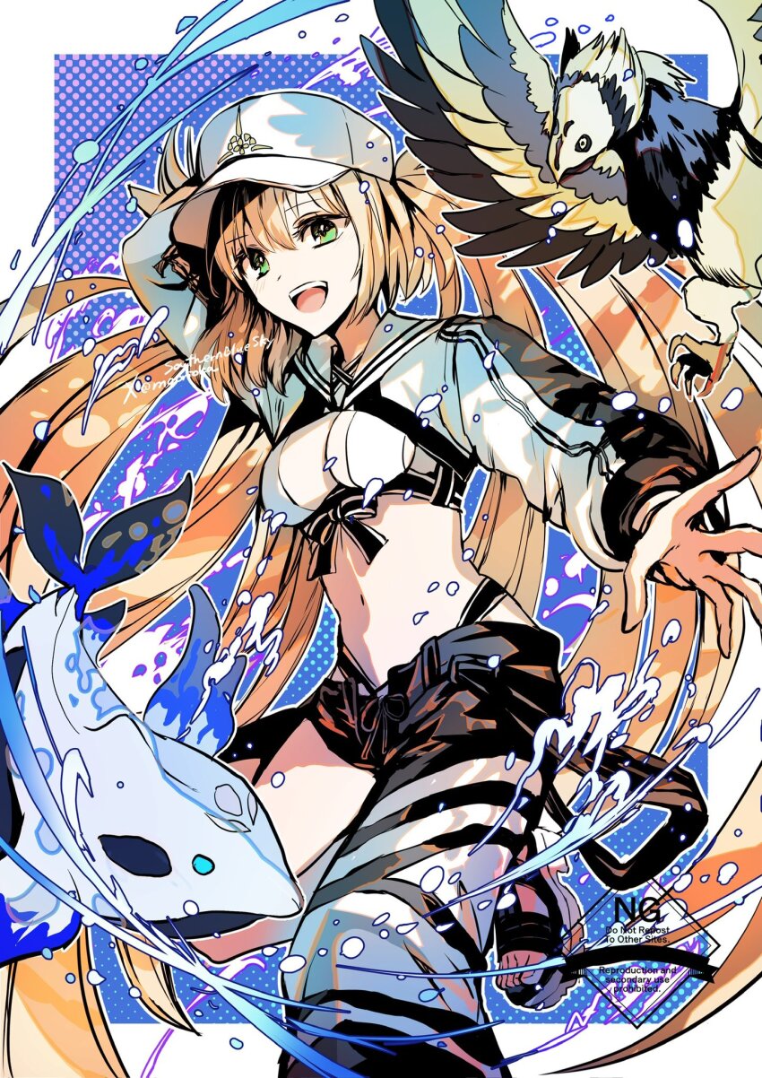 1girl artoria_caster_(fate) artoria_caster_(swimsuit_berserker)_(fate) artoria_caster_(swimsuit_berserker)_(first_ascension)_(fate) artoria_pendragon_(fate) asymmetrical_clothes baseball_cap bikini bird black_pants blonde_hair blush breasts cropped_jacket fate/grand_order fate_(series) green_eyes hat highres jacket long_hair long_sleeves looking_at_viewer navel open_mouth pants rioka_(southern_blue_sky) shrug_(clothing) single_pantsleg small_breasts smile swimsuit thighs twintails water whale white_bikini white_hat white_jacket