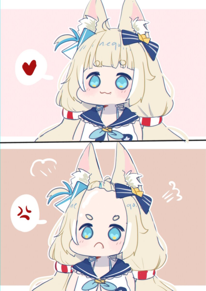 1girl absurdres anger_vein animal_ear_fluff animal_ears blonde_hair blue_eyes blue_hair cat_ears dress fish_girl forehead heart highres indie_virtual_youtuber large_forehead lifebuoy_hair_ornament long_hair looking_at_viewer low_twintails multicolored_hair neqo_(neneneqo) sameko_saba sleeveless smile solo spoken_anger_vein spoken_heart streaked_hair twintails very_long_hair virtual_youtuber white_dress