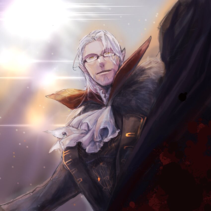 1boy abstract_background arm_up ascot black_coat black_vest blood blood_splatter blood_stain bloom cape cape_hold cape_lift coat collared_cape collared_coat commentary facial_hair final_fantasy final_fantasy_xiv frilled_shirt_collar frills fur-trimmed_coat fur_trim glasses hesperos high_collar highres lace-trimmed_ascot light_particles light_smile looking_at_viewer looking_down male_focus open_clothes open_coat outstretched_arm pointy_ears semi-rimless_eyewear signature solo under-rim_eyewear upper_body vampire vest white_ascot white_facial_hair white_hair yellow_eyes yokota_(bon&#039;yari)