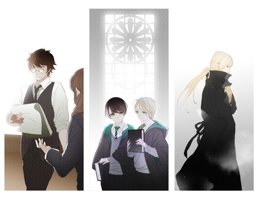 1girl 4boys aged_up albus_severus_potter black_robe blonde_hair blue_eyes book brown_hair draco_malfoy father_and_son glasses green_eyes harry_potter harry_potter_(series) harry_potter_and_the_cursed_child hermione_granger hogwarts_school_uniform holding holding_book ihiro long_hair multiple_boys necktie ponytail robe school_uniform scorpius_malfoy short_hair slytherin smile striped_neckwear vest wizarding_world