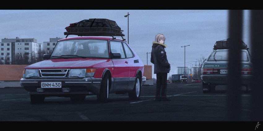 1girl black_boots black_eyes black_jacket black_pants boots box_truck building car closed_mouth day expressionless finland from_behind fur-trimmed_jacket fur_trim grey_hair hands_in_pockets highres jacket jitome lamppost letterboxed license_plate long_hair long_sleeves looking_at_viewer motor_vehicle opel_(company) opel_ascona original outdoors overcast pants parking_lot road_sign rudeko32 saab saab_900 sidelocks sign signature sky solo straight_hair truck