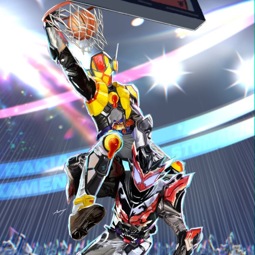 2boys armor ball basketball basketball_(object) basketball_court basketball_hoop bitter_gavv black_bodysuit bodysuit full_body gloves glowing highres kamen_rider kamen_rider_bitter_gavv kamen_rider_bitter_gavv_(sparkingummy_form) kamen_rider_gavv_(series) kamen_rider_vram kamen_rider_vram_(pudding_custom) male_focus meme michilinstuff multiple_boys playing_sports red_armor rider_belt silver_bodysuit slam_dunk_(basketball) tokusatsu venom_dunking_on_spider-man_(meme) vrambreaker vrastumgear yellow_armor