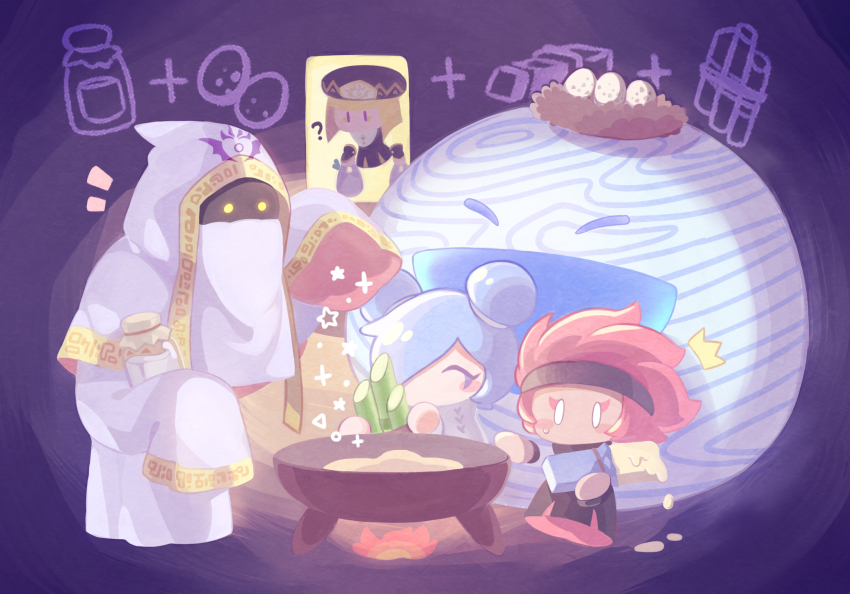0_0 1boy 3girls ? ^^^ ^_^ alternate_hairstyle bag bamboo_shoot beco_(100me) black_hat black_robe blonde_hair blue_background blue_hair blunt_bangs blunt_ends bob_cut bottle brown_eyes butter closed_eyes commentary_request dark-skinned_female dark_skin detached_hood doorway double_bun dripping egg eyeshadow flamberge_(kirby) food francisca_(kirby) glass_bottle grocery_bag hair_bun hat heart heart_print high_collar highres holding holding_bag holding_bottle holding_food hood hood_up hyness kirby_star_allies kirby_(series) long_sleeves makeup mouth_veil multiple_girls nest nintendo no_headwear no_mouth notice_lines rayman_limbs red_eyeshadow red_hair robe shopping_bag short_hair siblings sisters sleeves_past_fingers sleeves_past_wrists solid_circle_eyes solid_oval_eyes sparkle veil void_soul void_termina white_hood white_robe white_veil yellow_eyes yellow_trim zan_partizanne
