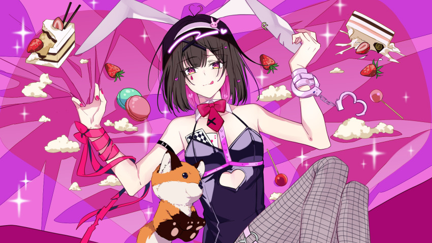 1girl animal_ear_piercing animal_ears antenna_hair arm_ribbon black_leotard blush bow breasts brown_hair cake cake_slice candy chikong_ice closed_mouth clothing_cutout colored_inner_hair cosplay cuffs cutout_above_navel fake_animal_ears fishnet_pantyhose fishnets food fruit handcuffs headband heart_cutout highres knees_up leotard lollipop looking_at_viewer macaron medium_hair multicolored_hair osanai_yuki pantyhose pink_background pink_hair pink_nails playboy_bunny purple_eyes rabbit_ears rabbit_hole_(vocaloid) red_bow ribbon shoushimin_series small_breasts solo stomach_cutout strawberry stuffed_animal stuffed_fox stuffed_toy tongue tongue_out two-tone_hair w_arms whipped_cream white_headband