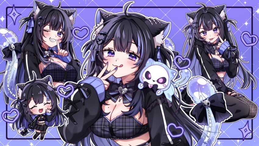 1girl :3 ahoge animal_ears black_hair black_shrug breasts cat_ears cat_tail cleavage closed_mouth commentary commission crop_top grin ichiko_1234 indie_virtual_youtuber large_breasts long_hair long_sleeves looking_at_viewer midriff mole mole_on_breast multicolored_hair multiple_views navel nekrolina one_eye_closed purple_eyes purple_hair purple_shirt shirt shrug_(clothing) sleeveless sleeveless_shirt smile tail tongue tongue_out two-tone_hair vgen_commission virtual_youtuber