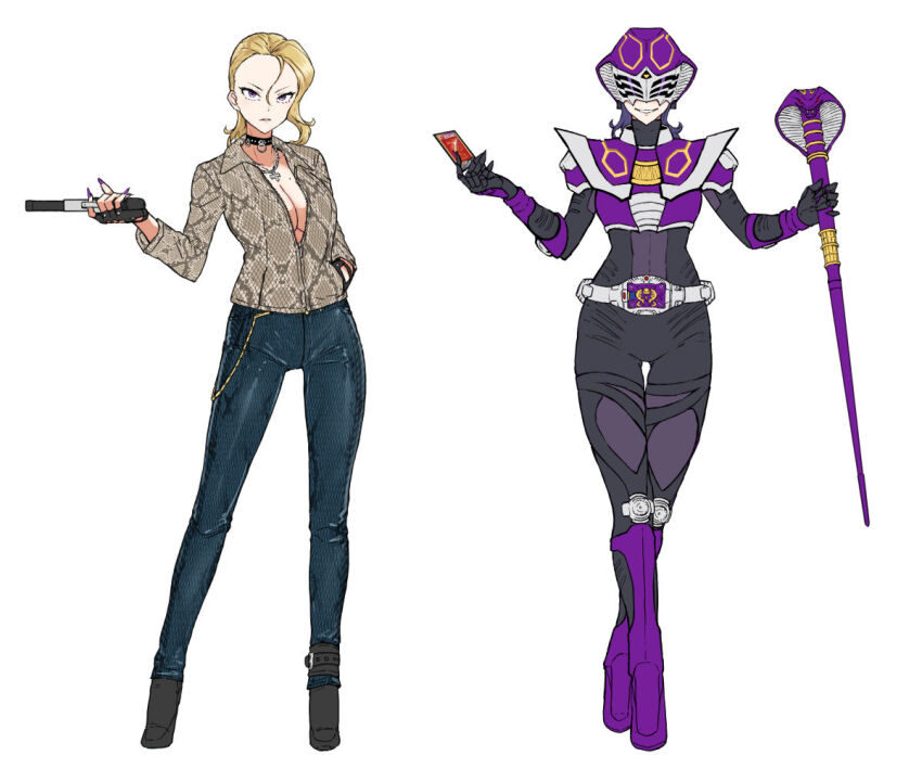 2girls armor asakura_takeshi belt black_bodysuit black_boots black_choker black_gloves blonde_hair blue_pants bodysuit boots breasts card chain choker cleavage commentary cross cross_necklace denim dual_persona eidenjyou1997 evil_smile finger_on_trigger fingerless_gloves fingernails full_body genderswap genderswap_(mtf) gloves gold_chain gun hand_in_pocket helmet holding holding_card holding_gun holding_staff holding_weapon jacket jeans jewelry kamen_rider kamen_rider_ouja kamen_rider_ryuki_(series) knee_boots long_fingernails looking_at_viewer medium_hair multiple_girls nail_polish necklace pants parted_lips partially_unzipped purple_armor purple_boots purple_eyes purple_hair purple_nails rider-tan rider_belt simple_background smile snake_print staff standing teeth v_buckle weapon white_background