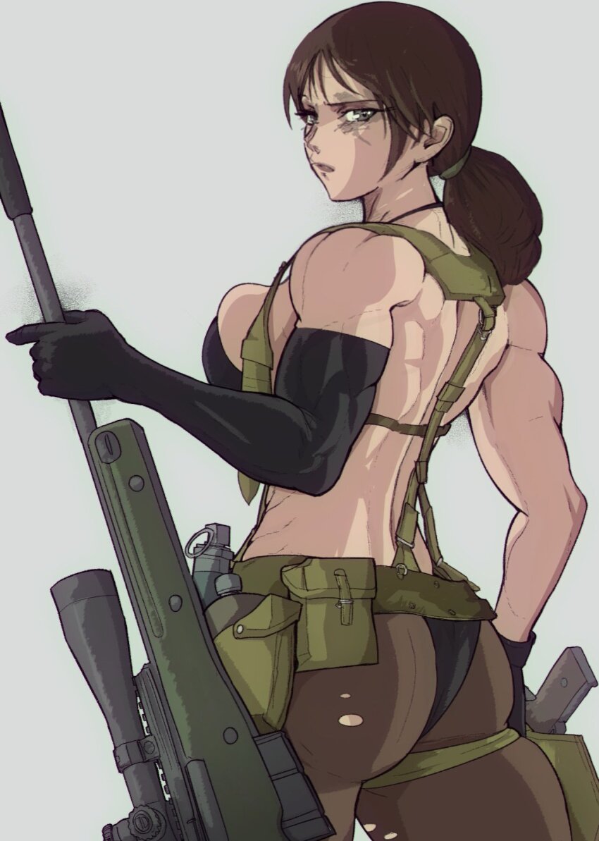 1girl abs ass ass_focus female_focus granade gun highres metal_gear_(series) metal_gear_solid metal_gear_solid_v:_the_phantom_pain ponytail quiet_(metal_gear) rifle sniper sniper_rifle weapon white_background yoracrab