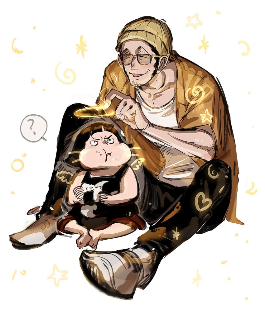 2boys 6cheetah ? ^_^ age_difference aged_down bare_arms beanie black_hair black_pants blunt_bangs borsalino_(kizaru) child closed_eyes drawing_on_air drawn_whiskers eating facial_hair food food_on_face halo hat highres jacket looking_at_another looking_up male_focus multiple_boys one_piece onigiri open_clothes open_jacket open_shirt orange_shirt pants sentoumaru shirt short_hair short_sleeves sitting sleeveless smile speech_bubble spiral star_(sky) star_(symbol) sunglasses swirl undershirt white_background white_footwear white_shirt white_undershirt yellow_jacket