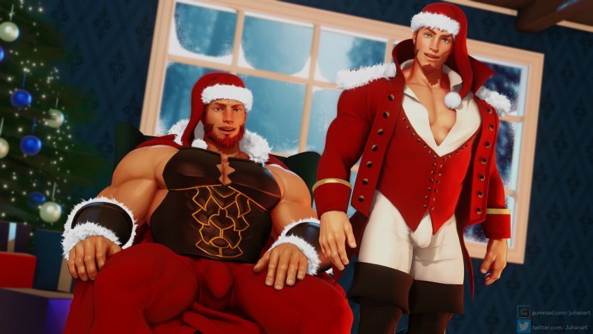 2boys 3d absurdres alternate_costume armor bara beard blue_eyes boots breastplate brown_hair bulge cape christmas cleavage_cutout clothing_cutout couple dark-skinned_male dark_skin facial_hair fate/grand_order fate/zero fate_(series) fur-trimmed_cape fur_trim goatee hat highres iskandar_(fate) jacket juhanart knee_boots large_pectorals leather leather_boots long_sideburns long_sleeves looking_at_viewer male_focus multiple_boys muscular muscular_male napoleon_bonaparte_(fate) open_clothes open_jacket pants partially_unbuttoned pectoral_cleavage pectorals red_cape red_eyes red_hair red_jacket red_pants santa_costume santa_hat short_hair sideburns smile thick_thighs thighs white_pants