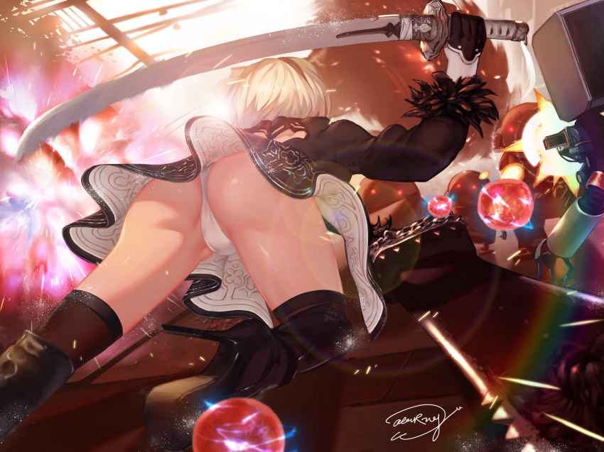 1girl 2b_(nier:automata) absurdres action artist_name ass back_cutout backless_dress backless_outfit black_boots black_dress black_gloves black_hairband black_thighhighs boots broadsword brown_thighhighs chain clothing_cutout dress drone dual_wielding energy_ball female_focus fire firing floating from_behind gloves greatsword hairband high_heel_boots high_heels highleg highleg_leotard highres holding holding_sword holding_weapon huge_weapon juliet_sleeves katana leg_up legs_apart leotard long_sleeves machinery nier:automata nier_(series) pod_(nier:automata) puffy_sleeves ribbed_dress robot short_dress short_hair shoulder_blades side_slit signature silver_hair smoke solo stiletto_heels sword thigh_boots thighhighs thighs thong thong_leotard upskirt vambraces waterring weapon white_leotard