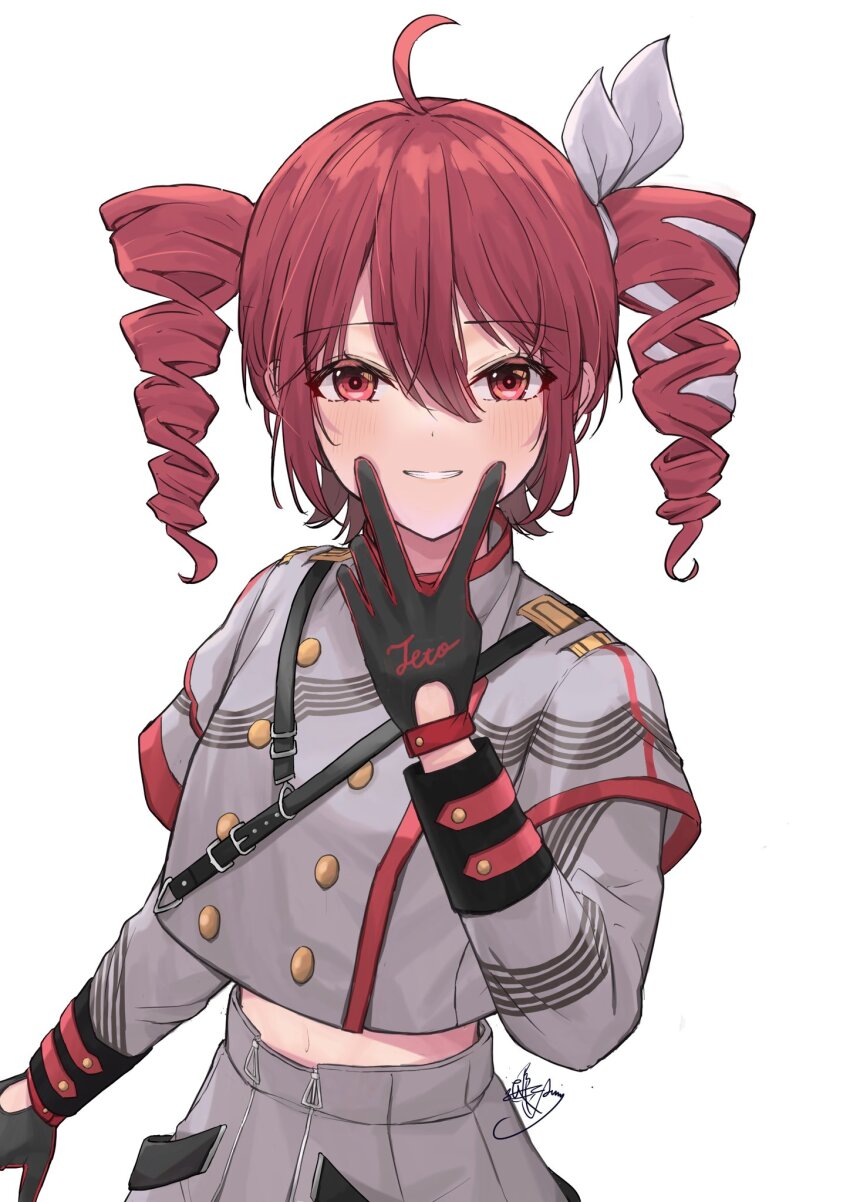 1girl ahoge arm_at_side belt black_belt black_sleeve_cuffs black_sleeves blush bow buttons commentary_request double-breasted drill_hair grey_jacket grey_skirt grin hair_between_eyes hair_bow hair_ribbon harumomiji highres jacket kasane_teto kasane_teto_(sv) layered_sleeves long_sleeves looking_at_viewer midriff_peek musical_staff musical_staff_print red_hair red_trim ribbon shoulder_belt shoulder_boards signature simple_background skirt smile solo striped_clothes striped_jacket synthesizer_v transparent_background twin_drills utau v v_over_mouth white_bow white_ribbon