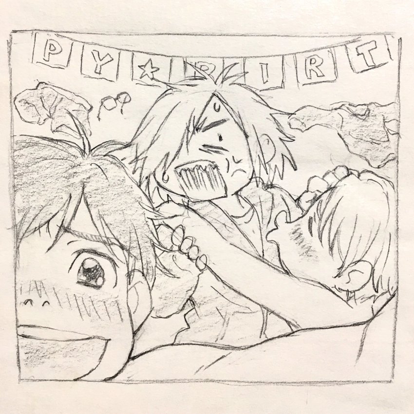 10s 3boys anger_vein blush unworn_clothes drunk unworn_eyewear glasses graphite_(medium) hair_over_one_eye highres hood hoodie itou_noriko katsuki_yuuri male_focus monochrome multiple_boys official_art open_mouth sharp_teeth sketch smile teeth traditional_media viktor_nikiforov yuri!!!_on_ice yuri_plisetsky