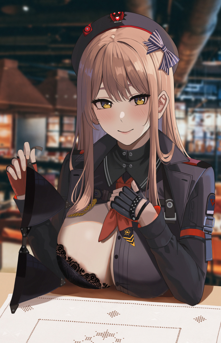 1girl armor beret black_bra black_hat black_shirt blush boobplate bra breastplate breasts brown_eyes brown_hair cleavage closed_mouth commentary_request emma_(nikke) flashing gaitoou goddess_of_victory:_nikke hat highres holding indoors large_breasts long_hair long_sleeves looking_at_viewer neckerchief oppai_challenge red_neckerchief restaurant shadow shirt sidelocks sitting smile solo table underwear upper_body
